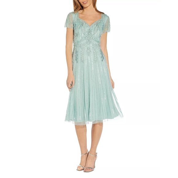 ADRIANNA PAPELL Beaded Back-Cutout Midi Dress in Aquadust - NWT - Size 8 - Picture 1 of 4
